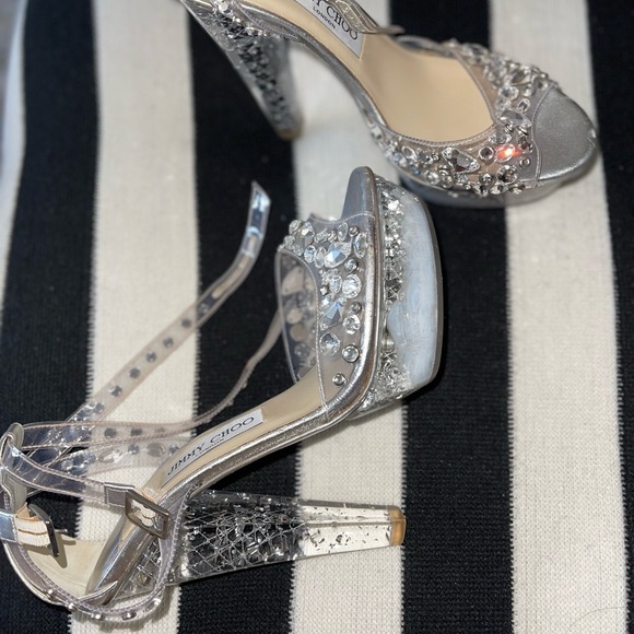 Jimmy Choo Silver Embellished Women's Lucite Platform Sandals Size 38.5 - Picture 6 of 7